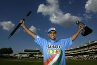 LONDON, ENGLAND - JULY 13: Captain Saurav Ganguly of India with the Trophy during the match between England and India in the NatWest One Day Series Final
